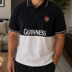 Guinness Mens Polo Shirt Embroidered England Rose Colorblock Black White L